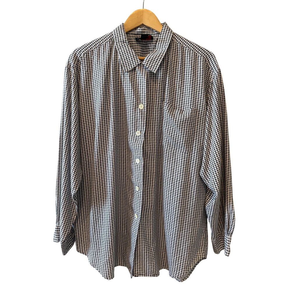 Vintage Charter Club Silk Button Down Shirt Navy Blue Houndstooth Print 14